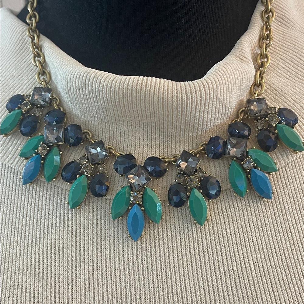J. Crew Blue and Green Gem Necklace brushed gold tone 17” with 3” extender